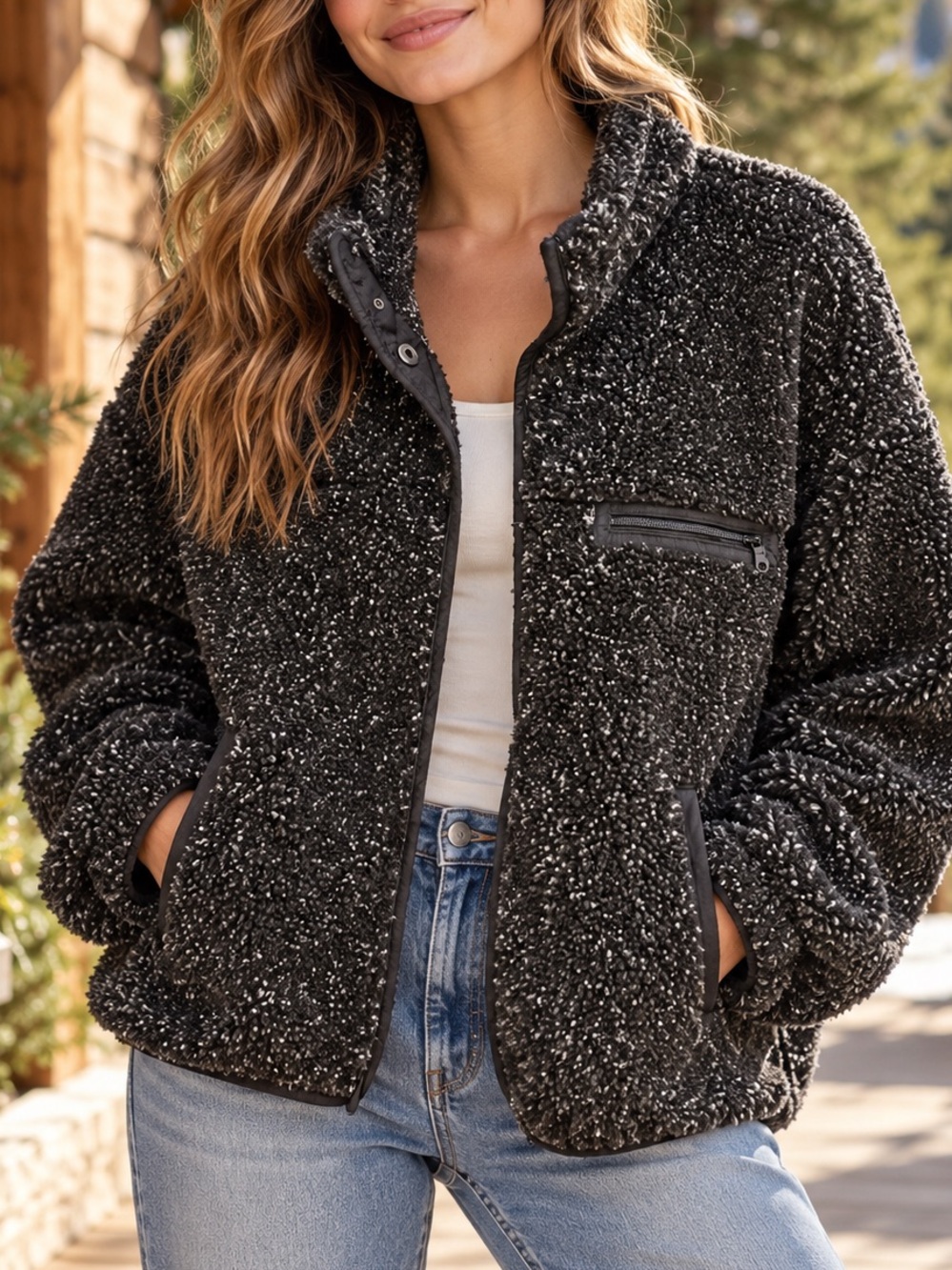 Aerie OFFLINE Sherpa Fleece Jacket Black White Zip Pocket Size Large